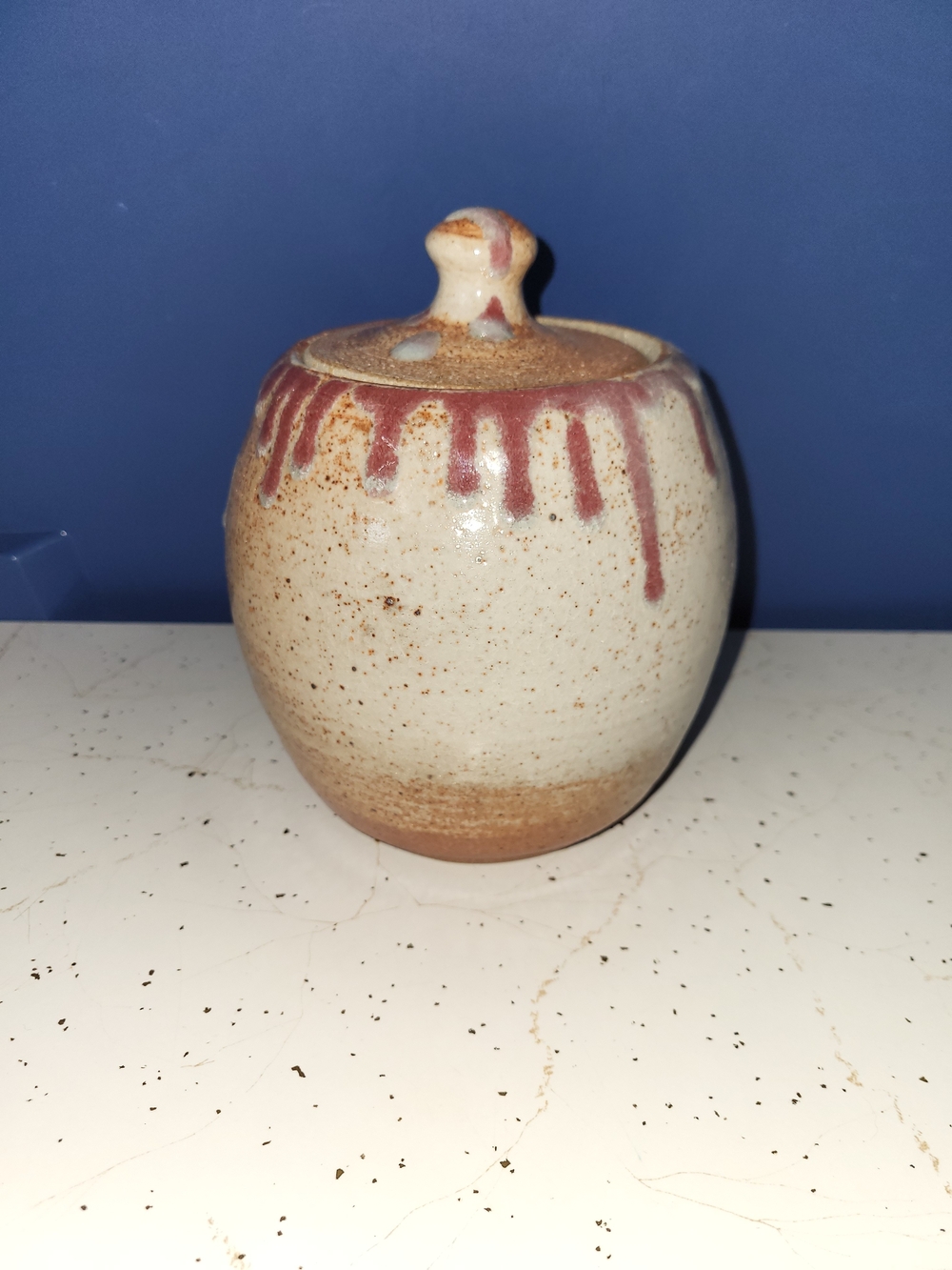 Handcrafted Stoneware Pottery Lidded Jar - Cream with Red Drip Accent, Signed